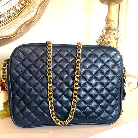None Bags Navy Blue Gold Chain Quilted Leather Bag Poshmark